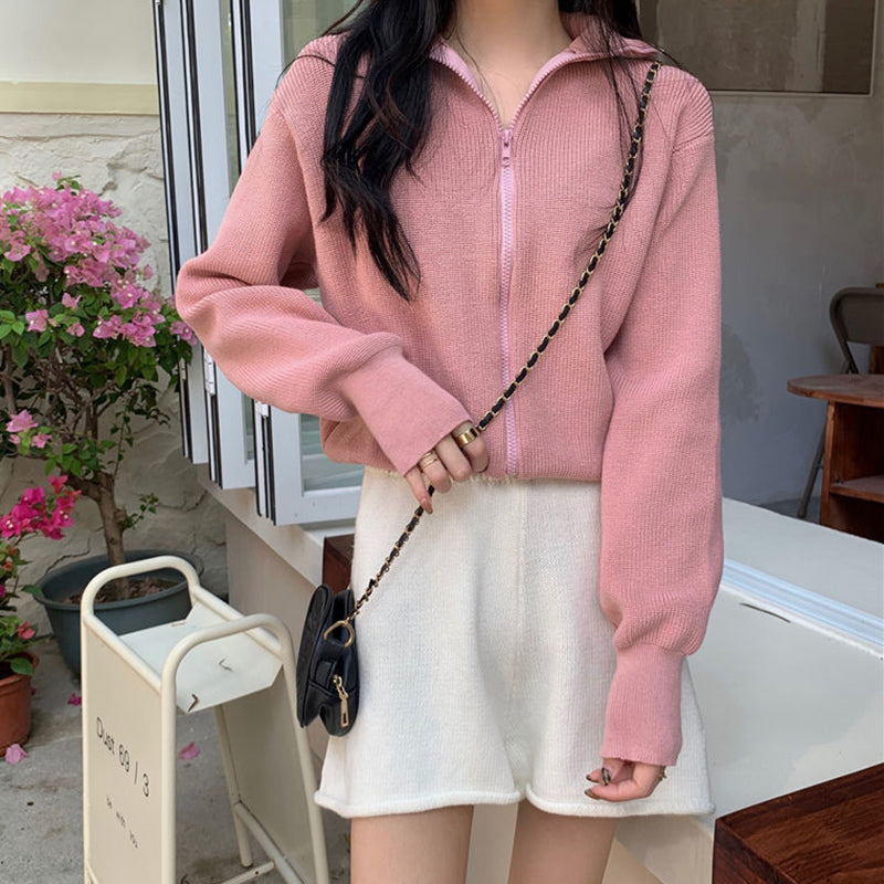 Korean Fashion Zipper Up Cardigan Women Autumn Winter Knitted Turtleneck Sweater Woman 2024 Solid Color Cropped Cardigans Female