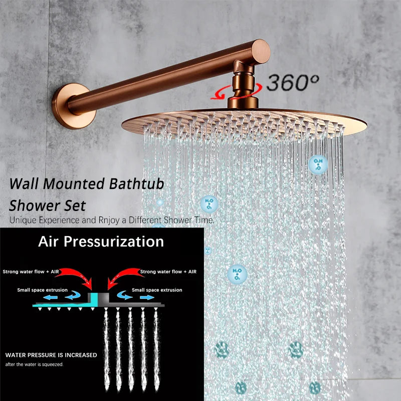 Rainfall Shower Set Rose Gold Wall Mounted Bathroom Shower Mixer Brass Faucet Hot Cold Water Mixer Tap With Head 8/10/12 Inch