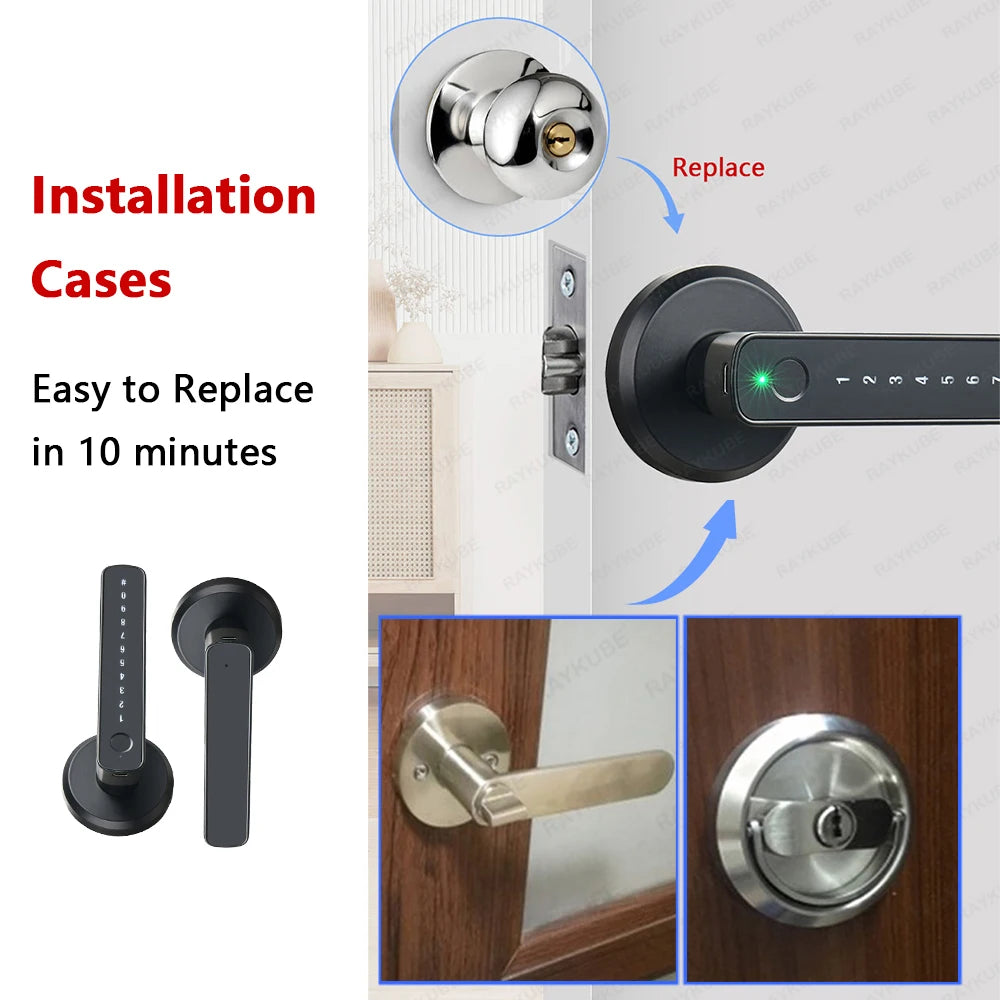 RAYKUBE M3 Tuya BLE Smart Fingerprint Electronic Door Lock Password Lock with Keys Smartlife/Tuya APP Unlock Delivery From USA