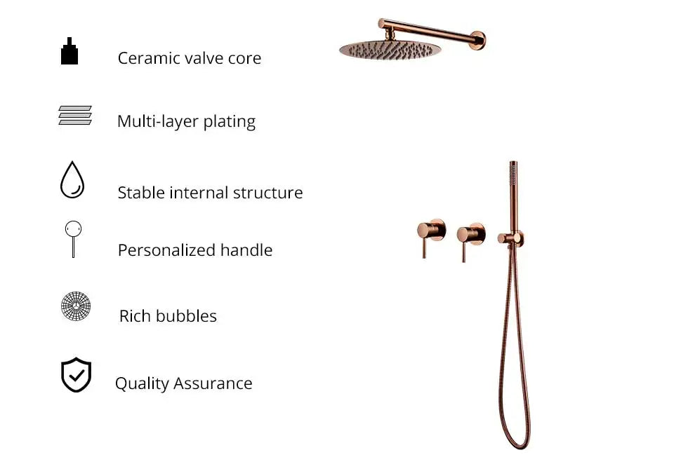 Rainfall Shower Set Rose Gold Wall Mounted Bathroom Shower Mixer Brass Faucet Hot Cold Water Mixer Tap With Head 8/10/12 Inch