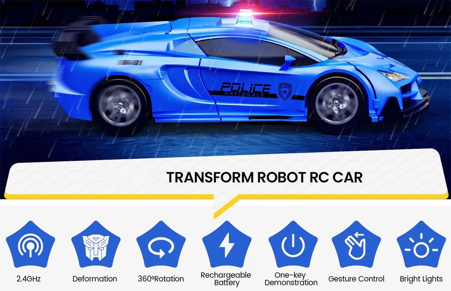 Sinovan Remote Control Police Car Toy Gesture Sensing with LED Light 2.4GHz One Button Transformation Robot RC Cars for Kids