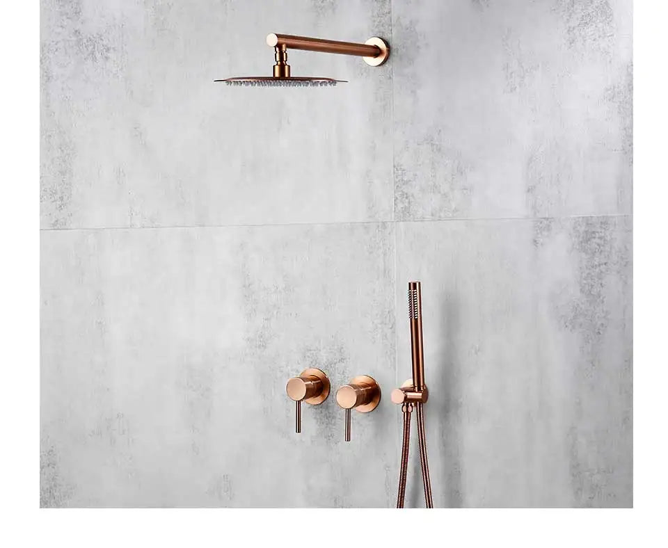 Rainfall Shower Set Rose Gold Wall Mounted Bathroom Shower Mixer Brass Faucet Hot Cold Water Mixer Tap With Head 8/10/12 Inch