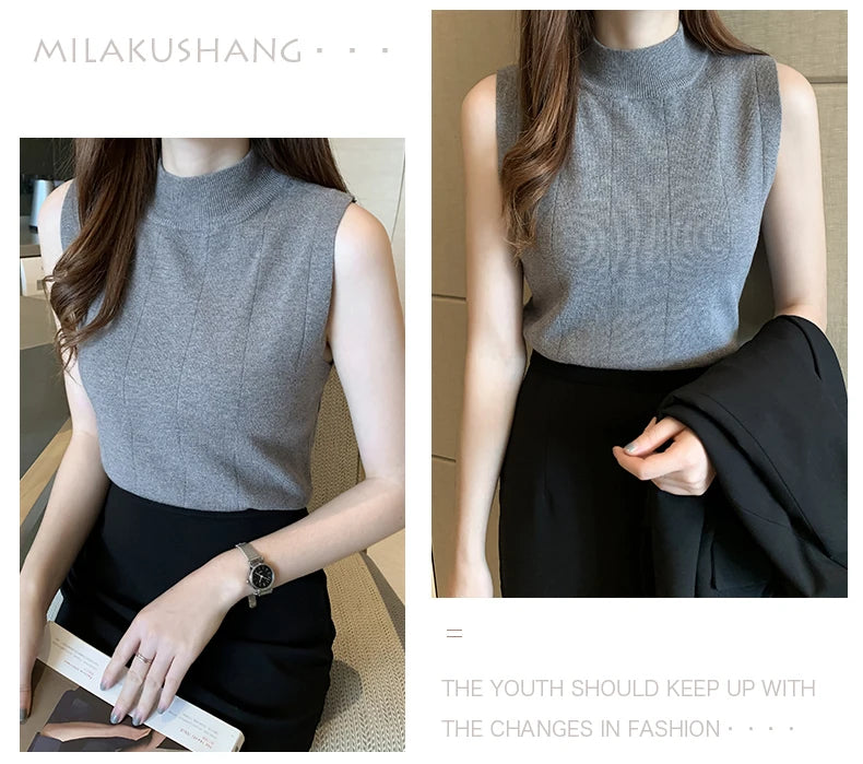 Korean Fashion Ladies Tops Spring New Summer Women Tops Casual Clothes Sleeveless Solid Women Blouse Knit Elastic Blusas 8623 50