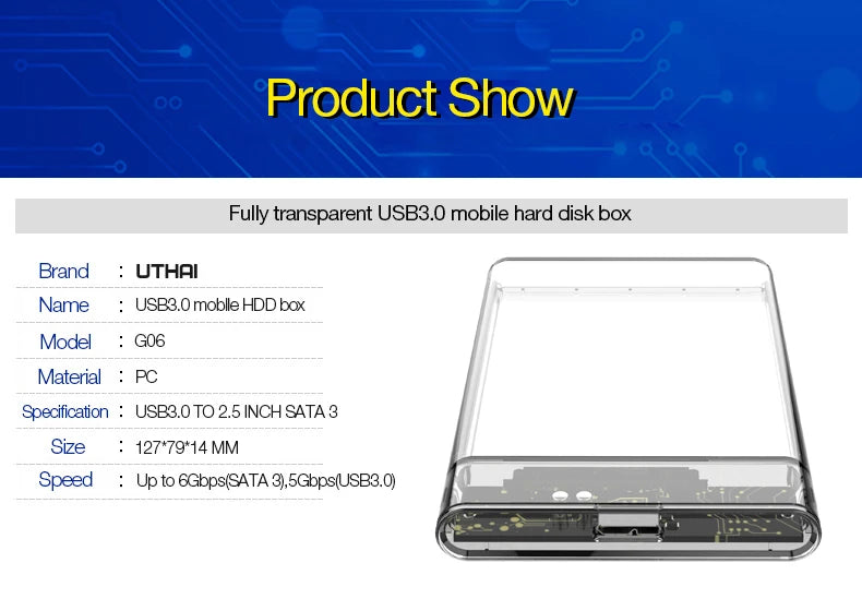 3.0/2.0 HDD Enclosure 2.5inch SATA SSD Hard Drive Case with 5Gbps Transfer Speed and Transparent Design Mobile External Housing