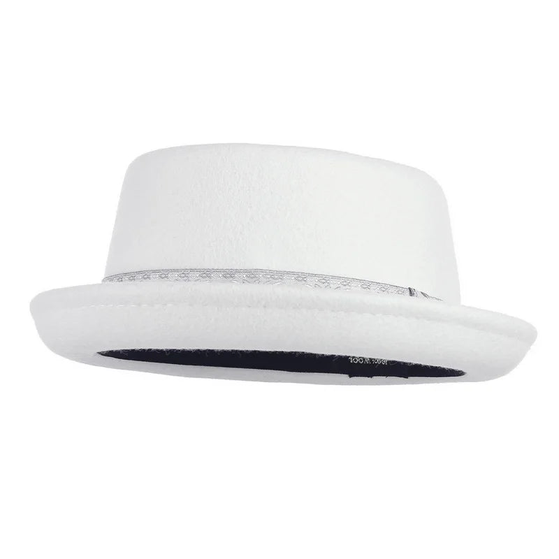 GEMVIE 100% Wool Men Pork Pie Hat For Dad Uniex White Black Top Hat Lady Gentleman Flat Bowler Porkpie Fedora For Women