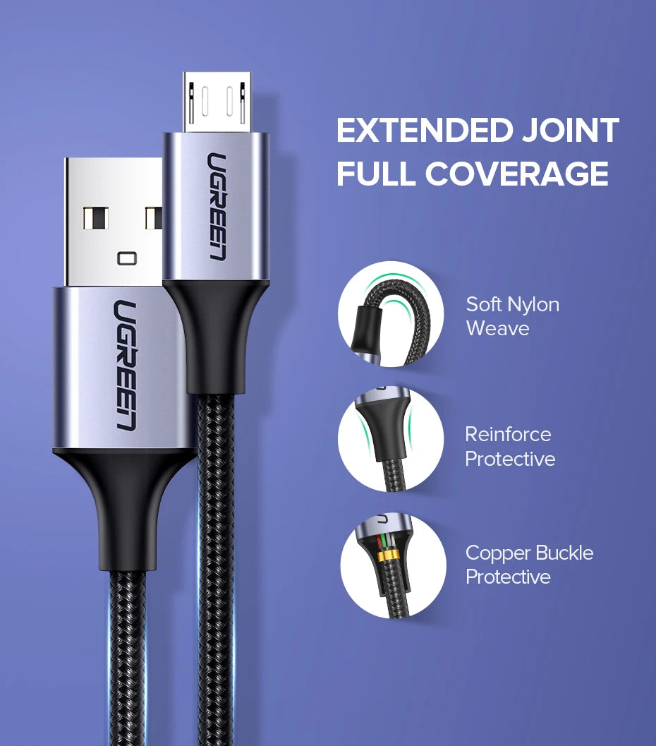 Ugreen Micro USB Cable 3A Nylon Fast Charging USB Type C Cable for Samsung Xiaomi HTC USB Charger Data Cable Mobile Phone Cable