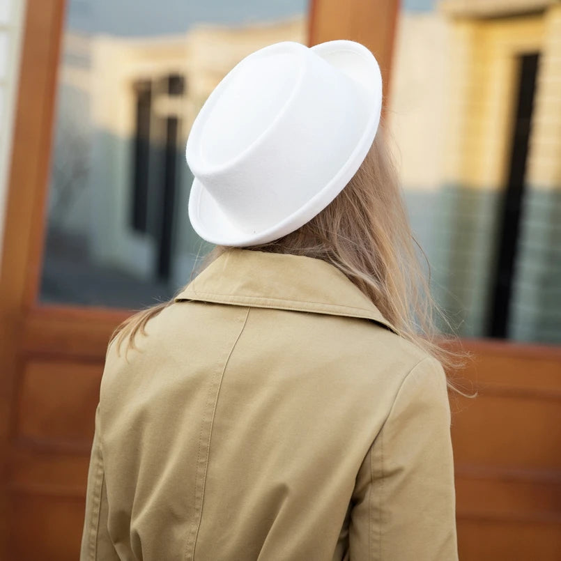 GEMVIE 100% Wool Men Pork Pie Hat For Dad Uniex White Black Top Hat Lady Gentleman Flat Bowler Porkpie Fedora For Women