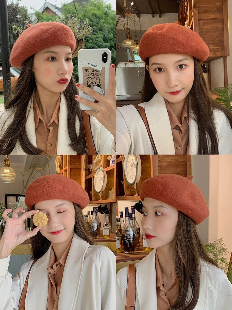 100% Wool Retro Beret Hat Autumn Winter Women British Hepburn stylish Artist Painter Hats Thick Warm Woolen Pumpkin Beanies Cap