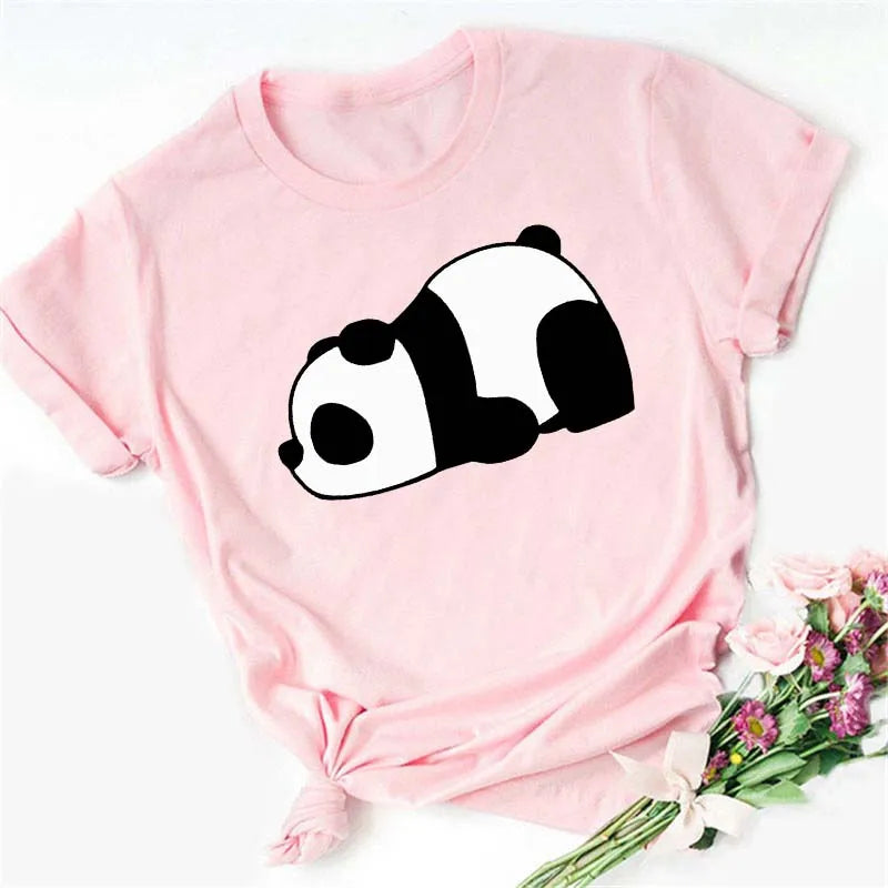 Maycaur Summer Women T Shirt Loose Tops Cute Panda Heart Print Short Sleeve Female Loose Casual T-shirt Ladies Top Teeadad