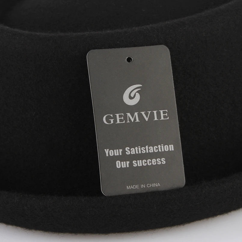 GEMVIE 100% Wool Men Pork Pie Hat For Dad Uniex White Black Top Hat Lady Gentleman Flat Bowler Porkpie Fedora For Women