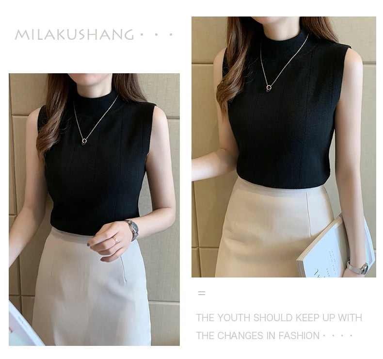 Korean Fashion Ladies Tops Spring New Summer Women Tops Casual Clothes Sleeveless Solid Women Blouse Knit Elastic Blusas 8623 50