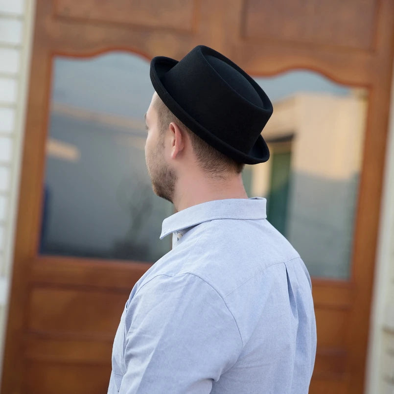 GEMVIE 100% Wool Men Pork Pie Hat For Dad Uniex White Black Top Hat Lady Gentleman Flat Bowler Porkpie Fedora For Women