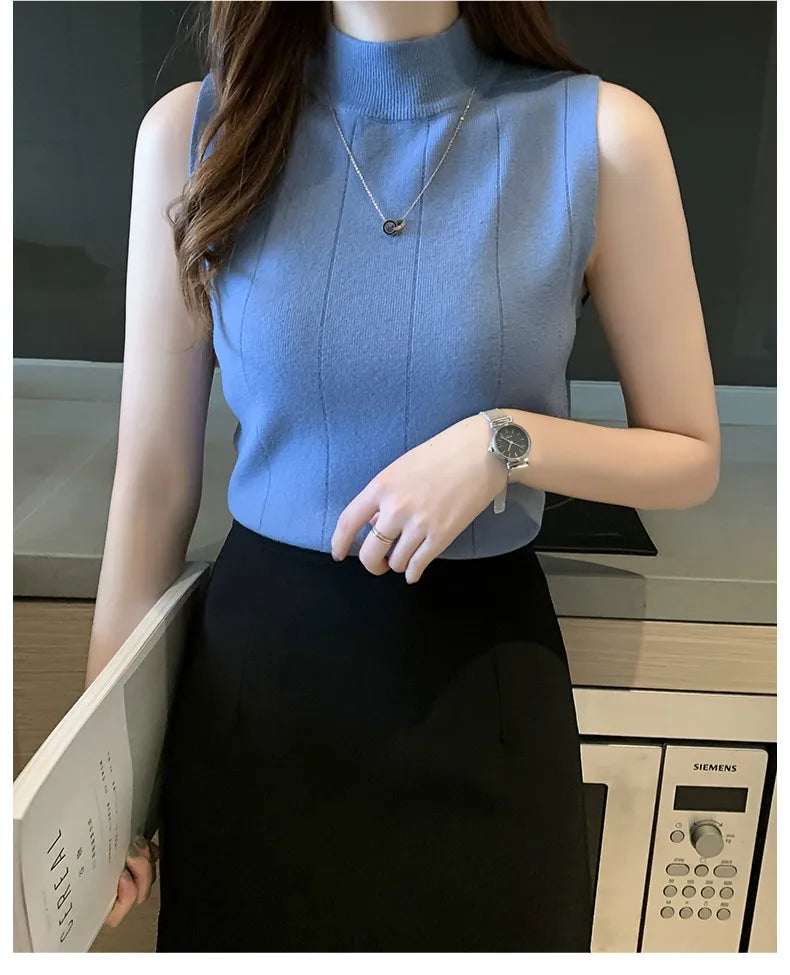 Korean Fashion Ladies Tops Spring New Summer Women Tops Casual Clothes Sleeveless Solid Women Blouse Knit Elastic Blusas 8623 50
