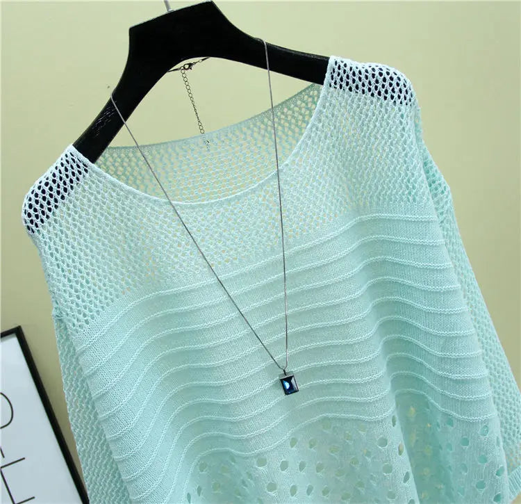 Spring and Summer New Ice Silk Knitted Vest Top Hollow Out Thin Bottoming Sling Streetwear Womens Clothing White Shirt 13686