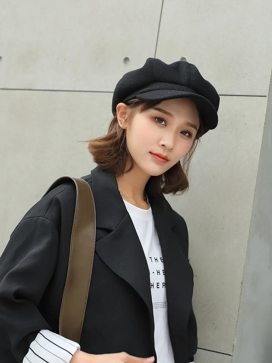 Fashion wild wool Women Beret Autumn Winter Octagonal Cap Hats Stylish Artist Painter Newsboy Caps Black Grey Beret Hats gorras