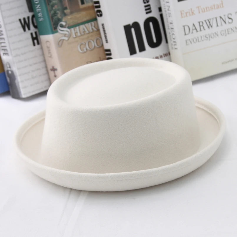 GEMVIE 100% Wool Men Pork Pie Hat For Dad Uniex White Black Top Hat Lady Gentleman Flat Bowler Porkpie Fedora For Women