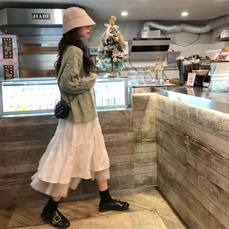 Long Tulle Midi Skirts Womens Autumn Elastic High Waist Mesh Tutu Pleated Skirts Female Black White Long Skirt Streetwear