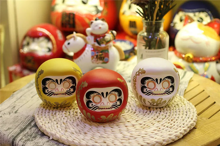Japanese Ceramic Daruma Statue, Lucky Charm, Zen Ornament, Fengshui Figurine, Money Box, Home Tabletop Decoration, Gifts, 4"