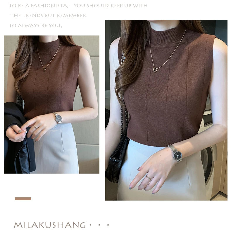 Korean Fashion Ladies Tops Spring New Summer Women Tops Casual Clothes Sleeveless Solid Women Blouse Knit Elastic Blusas 8623 50