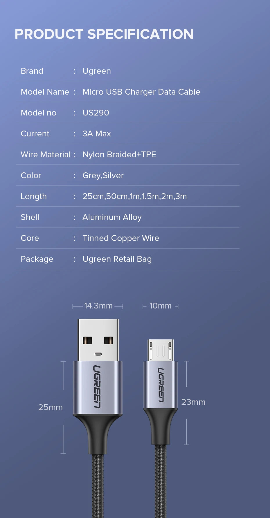Ugreen Micro USB Cable 3A Nylon Fast Charging USB Type C Cable for Samsung Xiaomi HTC USB Charger Data Cable Mobile Phone Cable