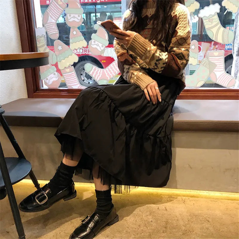 Long Tulle Midi Skirts Womens Autumn Elastic High Waist Mesh Tutu Pleated Skirts Female Black White Long Skirt Streetwear