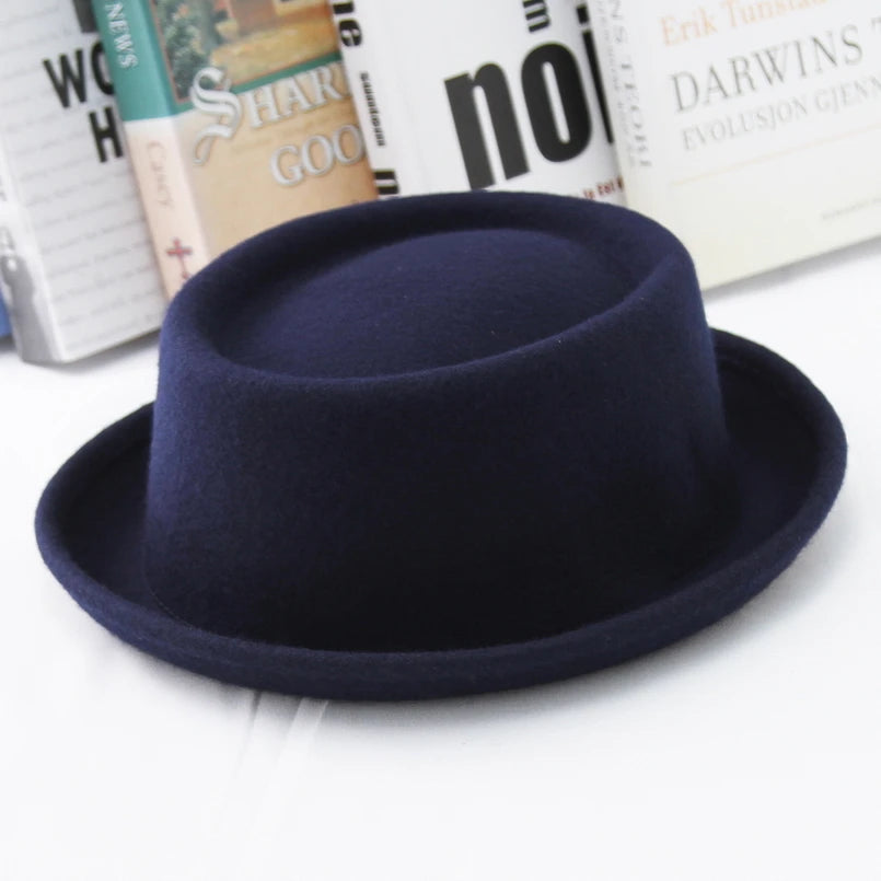 GEMVIE 100% Wool Men Pork Pie Hat For Dad Uniex White Black Top Hat Lady Gentleman Flat Bowler Porkpie Fedora For Women