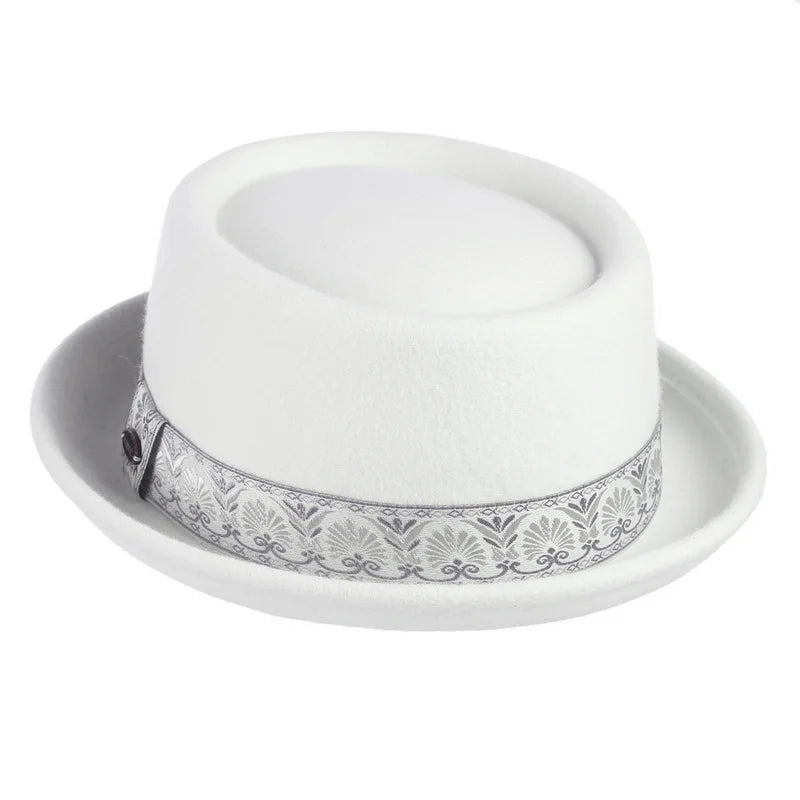 GEMVIE 100% Wool Men Pork Pie Hat For Dad Uniex White Black Top Hat Lady Gentleman Flat Bowler Porkpie Fedora For Women