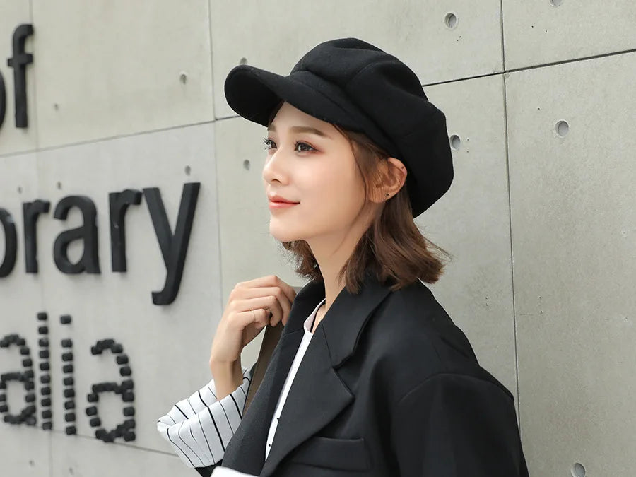 Fashion wild wool Women Beret Autumn Winter Octagonal Cap Hats Stylish Artist Painter Newsboy Caps Black Grey Beret Hats gorras