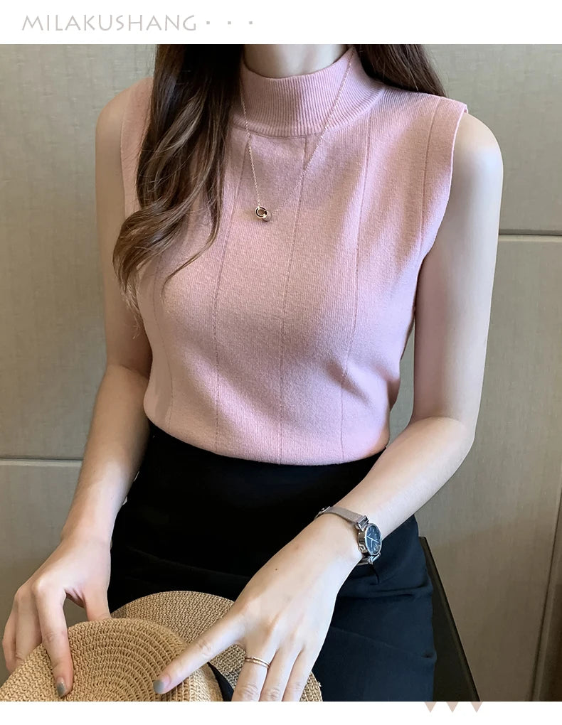 Korean Fashion Ladies Tops Spring New Summer Women Tops Casual Clothes Sleeveless Solid Women Blouse Knit Elastic Blusas 8623 50