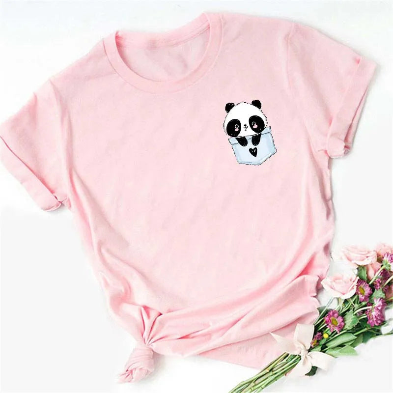Maycaur Summer Women T Shirt Loose Tops Cute Panda Heart Print Short Sleeve Female Loose Casual T-shirt Ladies Top Teeadad