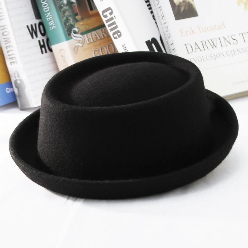 GEMVIE 100% Wool Men Pork Pie Hat For Dad Uniex White Black Top Hat Lady Gentleman Flat Bowler Porkpie Fedora For Women