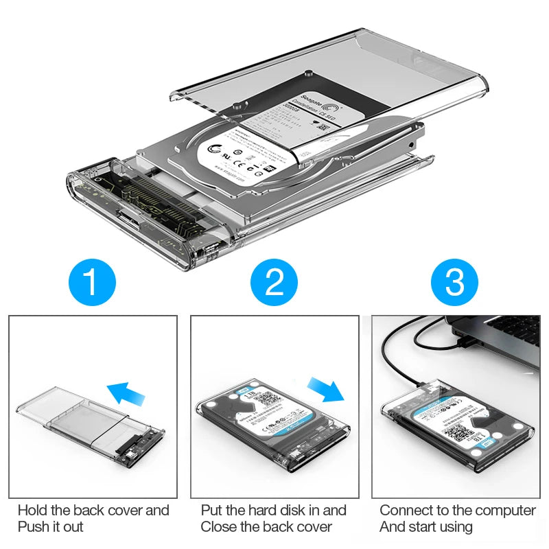 3.0/2.0 HDD Enclosure 2.5inch SATA SSD Hard Drive Case with 5Gbps Transfer Speed and Transparent Design Mobile External Housing