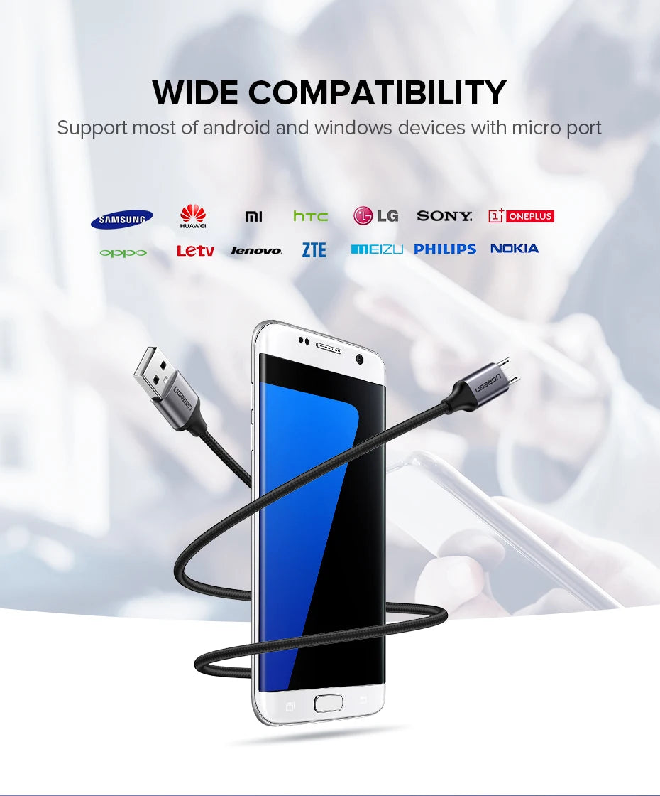 Ugreen Micro USB Cable 3A Nylon Fast Charging USB Type C Cable for Samsung Xiaomi HTC USB Charger Data Cable Mobile Phone Cable