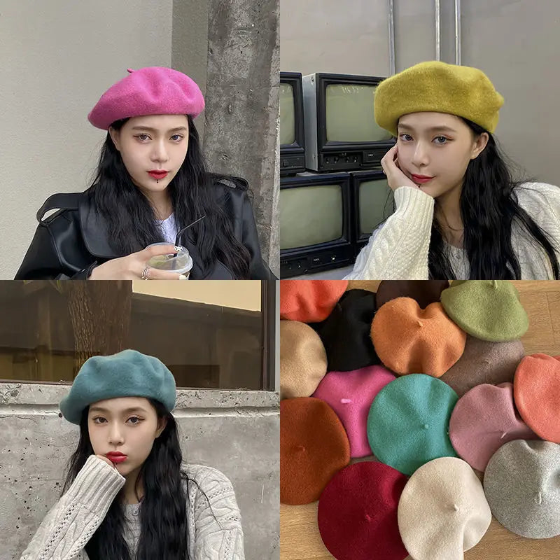 100% Wool Retro Beret Hat Autumn Winter Women British Hepburn stylish Artist Painter Hats Thick Warm Woolen Pumpkin Beanies Cap