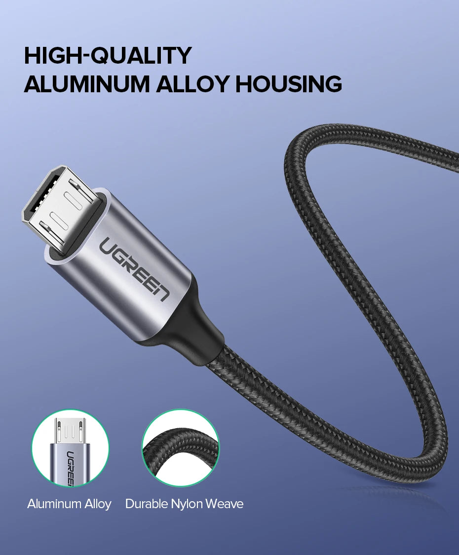 Ugreen Micro USB Cable 3A Nylon Fast Charging USB Type C Cable for Samsung Xiaomi HTC USB Charger Data Cable Mobile Phone Cable