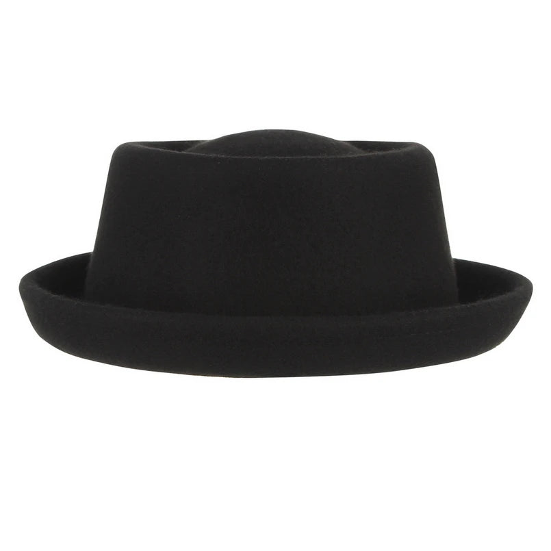 GEMVIE 100% Wool Men Pork Pie Hat For Dad Uniex White Black Top Hat Lady Gentleman Flat Bowler Porkpie Fedora For Women