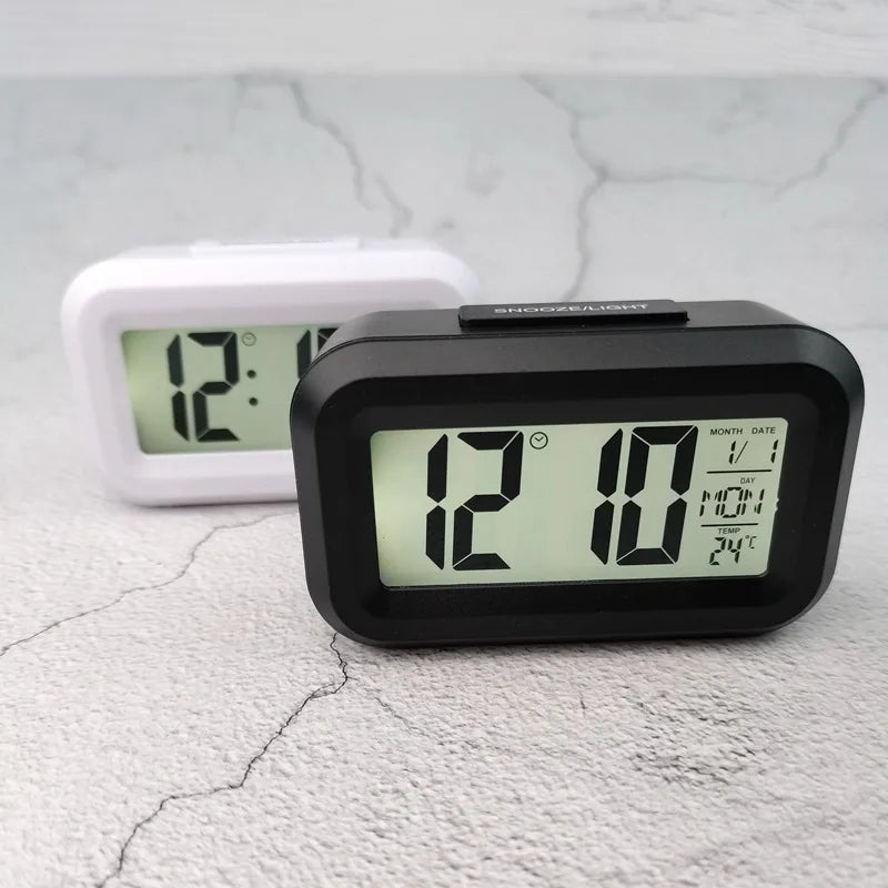Battery Powered Mini Digital Alarm Clock Temperature Date Week Backlight Snooze Mute Table Clock 12/24H Countdown LCD Clock