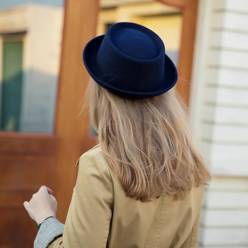 GEMVIE 100% Wool Men Pork Pie Hat For Dad Uniex White Black Top Hat Lady Gentleman Flat Bowler Porkpie Fedora For Women