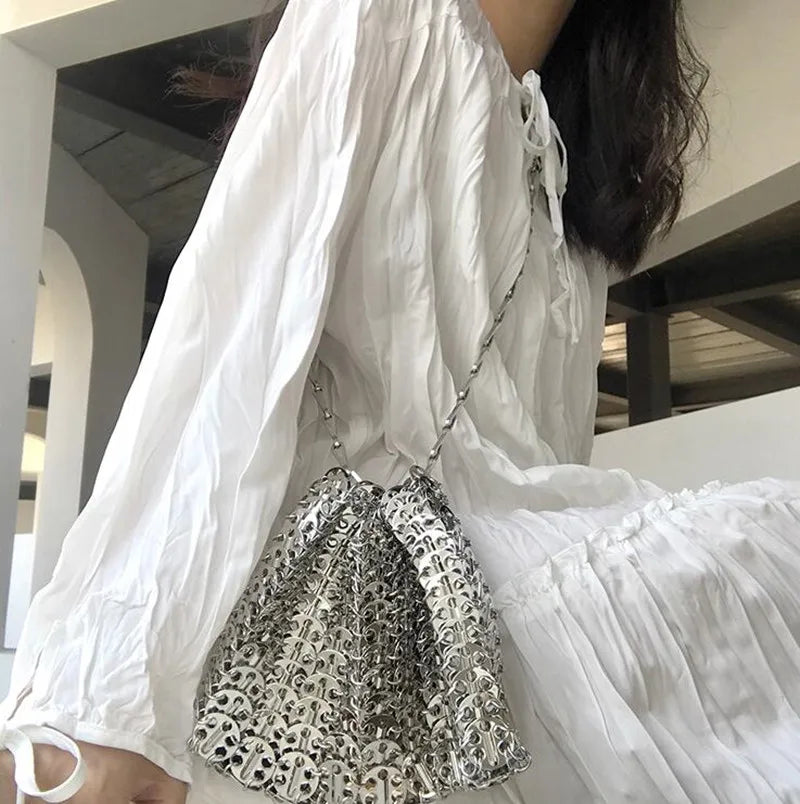 luxury Women Bags Designer Metal Sequins Chain Woven Bag Hollow Evening Bags Clutch Female Travel Holiday Shoulder Bag Handbag