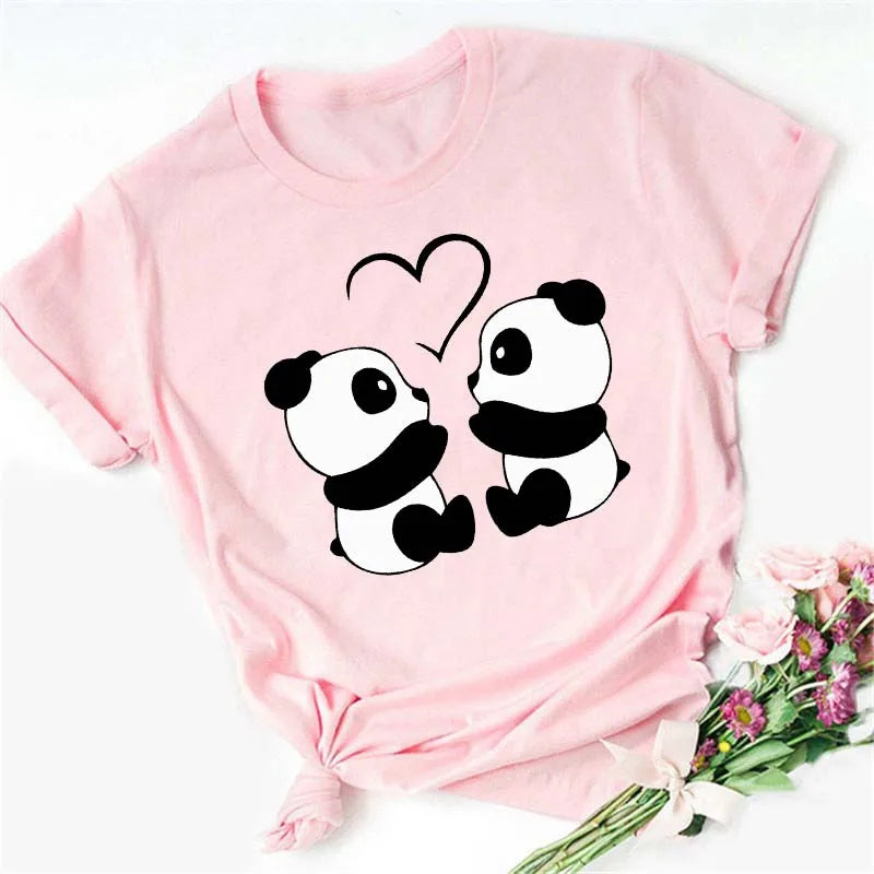 Maycaur Summer Women T Shirt Loose Tops Cute Panda Heart Print Short Sleeve Female Loose Casual T-shirt Ladies Top Teeadad