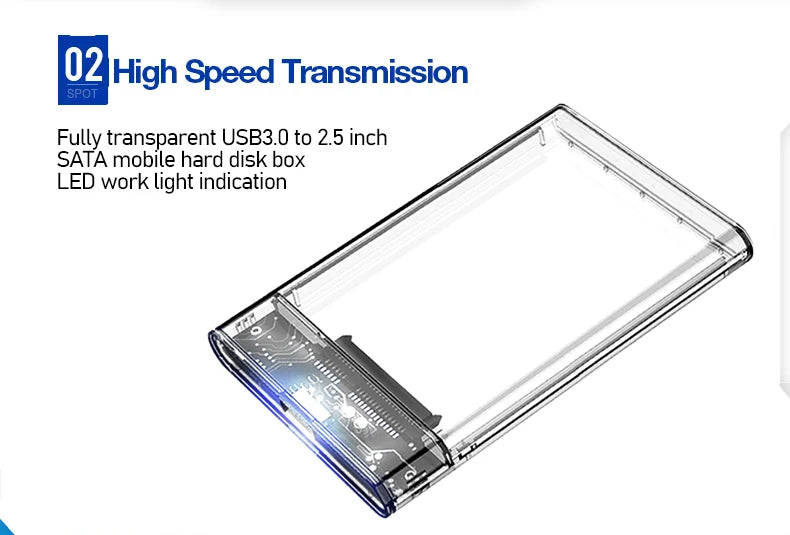3.0/2.0 HDD Enclosure 2.5inch SATA SSD Hard Drive Case with 5Gbps Transfer Speed and Transparent Design Mobile External Housing