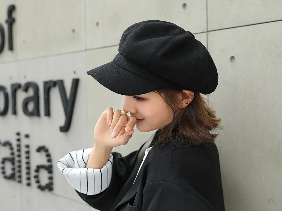 Fashion wild wool Women Beret Autumn Winter Octagonal Cap Hats Stylish Artist Painter Newsboy Caps Black Grey Beret Hats gorras