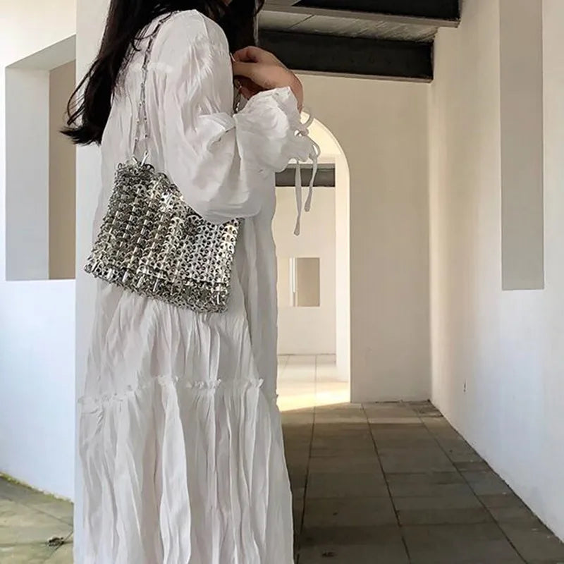 luxury Women Bags Designer Metal Sequins Chain Woven Bag Hollow Evening Bags Clutch Female Travel Holiday Shoulder Bag Handbag