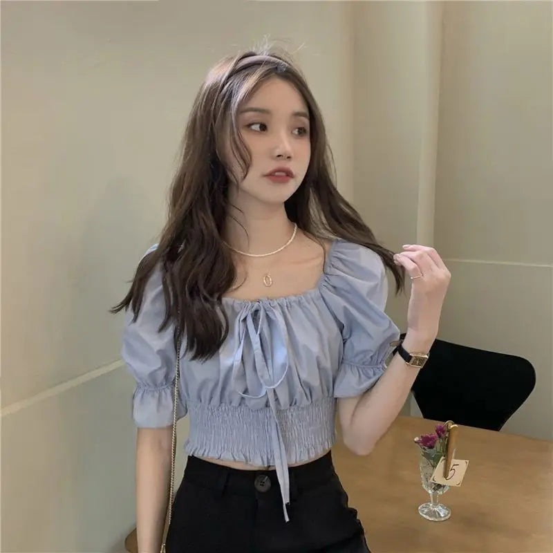 Elegant Youth Woman Blouses Fashion Lace Up Top Sexy Low Cut Blouse Crop Top Puff Sleeve Chic Shirt 2022 New