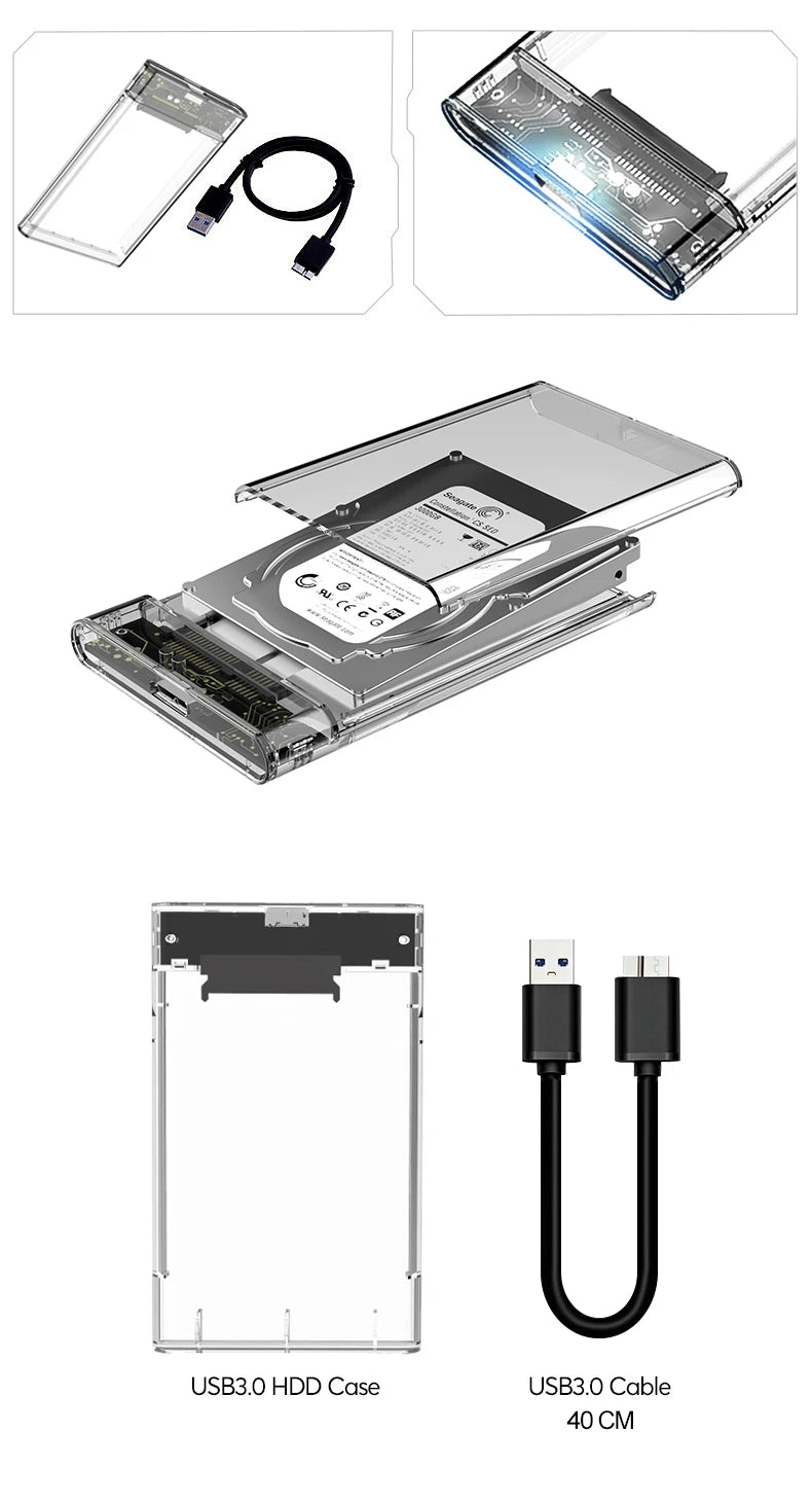 3.0/2.0 HDD Enclosure 2.5inch SATA SSD Hard Drive Case with 5Gbps Transfer Speed and Transparent Design Mobile External Housing
