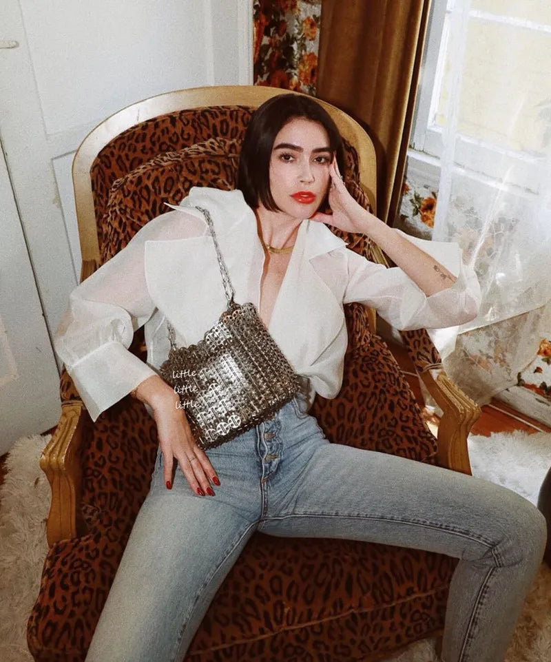 luxury Women Bags Designer Metal Sequins Chain Woven Bag Hollow Evening Bags Clutch Female Travel Holiday Shoulder Bag Handbag