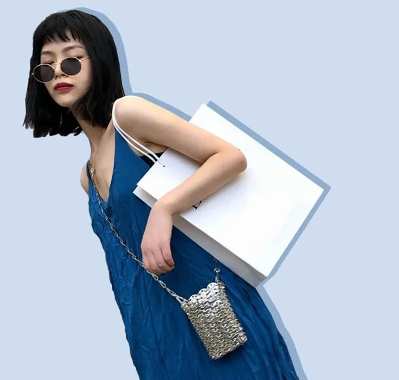 luxury Women Bags Designer Metal Sequins Chain Woven Bag Hollow Evening Bags Clutch Female Travel Holiday Shoulder Bag Handbag