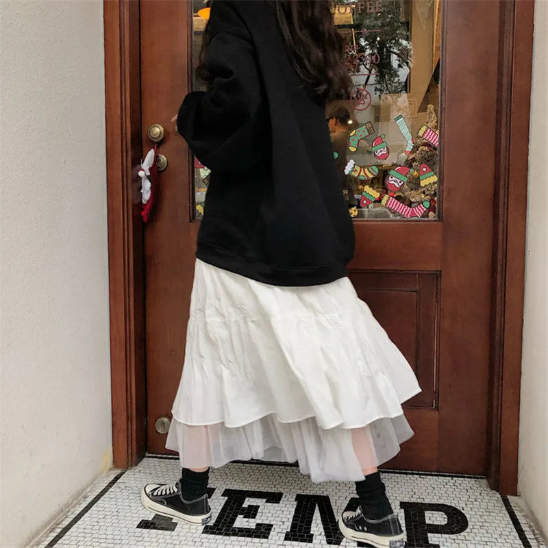 Long Tulle Midi Skirts Womens Autumn Elastic High Waist Mesh Tutu Pleated Skirts Female Black White Long Skirt Streetwear
