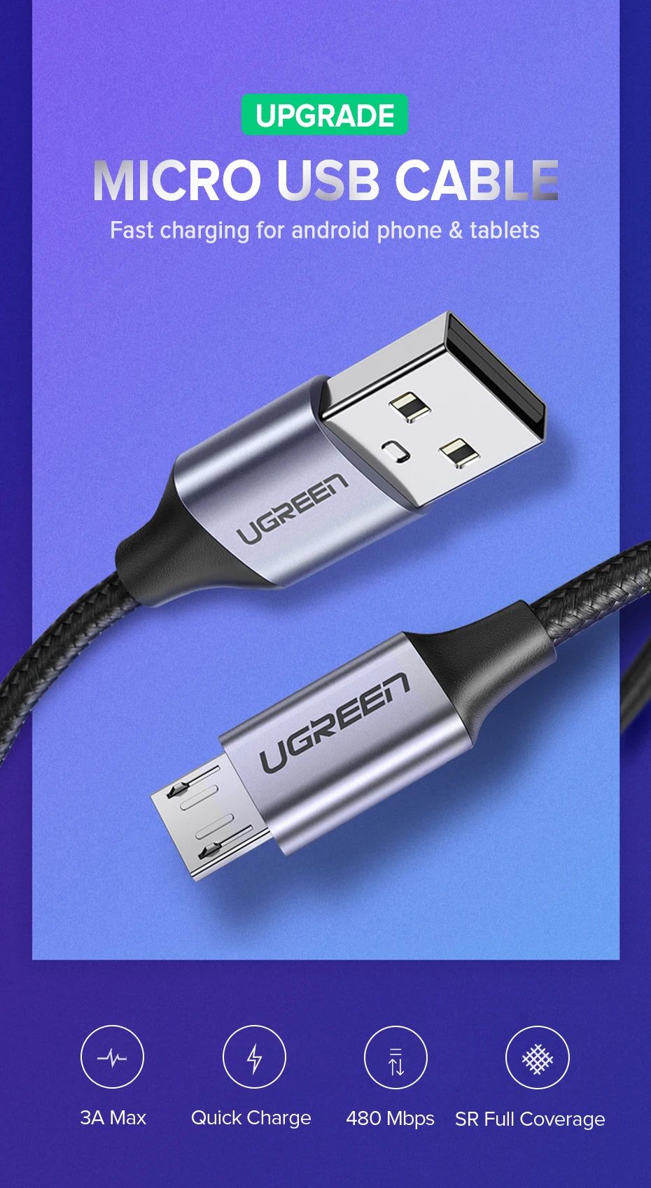 Ugreen Micro USB Cable 3A Nylon Fast Charging USB Type C Cable for Samsung Xiaomi HTC USB Charger Data Cable Mobile Phone Cable