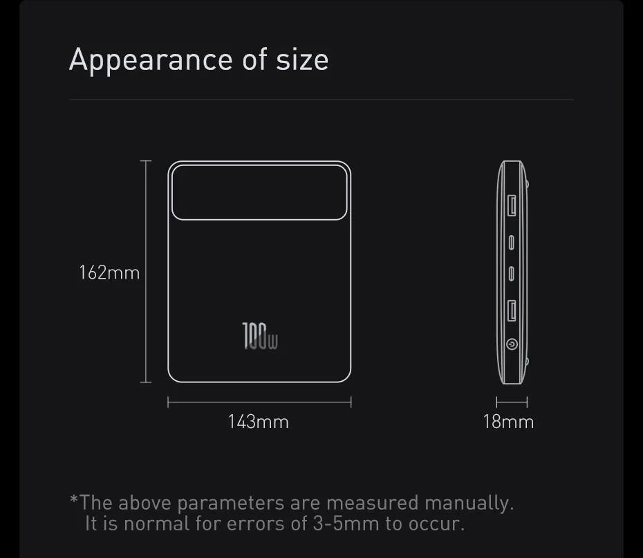 Baseus 100W Power Bank 20000mAh Type C PD Fast Charging Powerbank Portable External Battery Charger for Notebook with 100W Cable